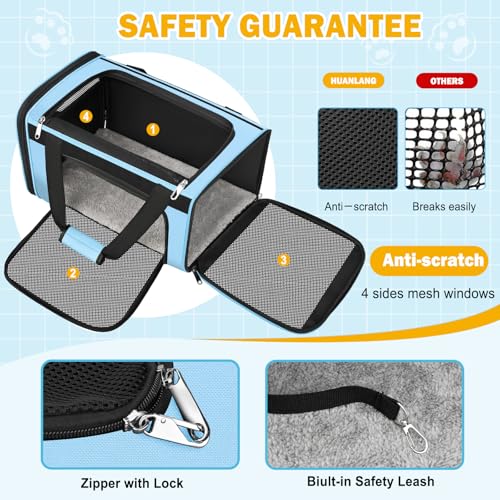 HUANLANG Large Cat Carrier Travel Soft Sided Pet Carrier Airline Approved | Dog Carriers for Small Dogs Medium Cats,Collapsible,3 Storage,zipper lock,Reflective strips,Luggage Strap, Up to 15 Lbs - color: Light Blue