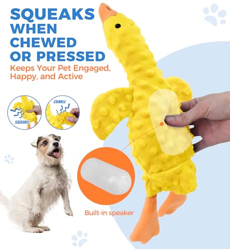 Squeaky Plush Dog Toy for All Breeds, Multifunctional Goose Dog Toy with Honking Sound, Crinkle Paper, Treat Pocket, Durable Soft Stuffed Animal for Chewing, Cuddling, Interactive Play (Yellow) - color: Yellow