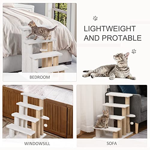 PawHut 4 Levels Cat Steps Pet Stairs Carpeted Ladder for High Bed White | Kitten Tree Climber, Scratching Posts, Hanging Play Ball, Side Step, for Sofa - color: White