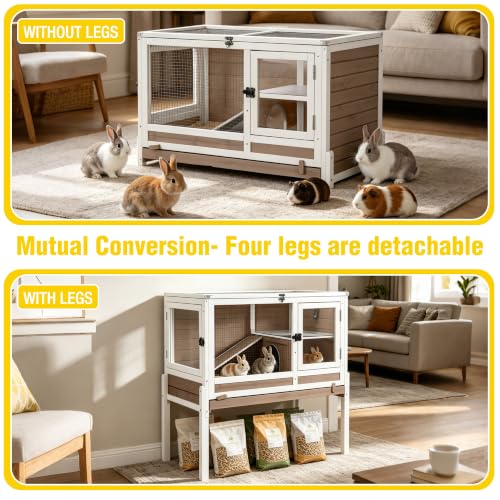Aivituvin Wooden Guinea Pig Cages Indoor with Removable Stand, Anti Chewing Rabbit Hutch with Ramp and Wire Mesh, 2 Story Small Animals House Habitat with Pull Out Tray (Brown) - color: Brown