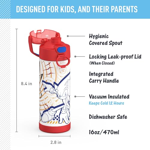 THERMOS FUNTAINER Water Bottle with Spout, 16oz, Sonic | Kids Stainless Steel Insulated Water Bottle, Keeps Drinks Cold Longer for School & Play, BPA-Free - color: Sonic, size: 16 Ounces