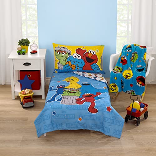 NoJo Sesame Street Come and Play Blue, Green, Red and Yellow, Elmo, Big Bird, Cookie Monster, Grover and Oscar The Grouch 2 Piece Toddler Sheet Set - Fitted Bottom Sheet and Reversible Pillowcase - color: Sesame Street Come and Play