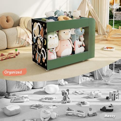 Wooden Kids Bookshelf, Toy Storage with Side Drawing Chalkboard | 3-in-1 Mobile Stuffed Animal Storage Zoo, Rolling Toy Box Container on 4 Wheels for Kids Room Playroom Nursery Bedroom, Green - color: Green