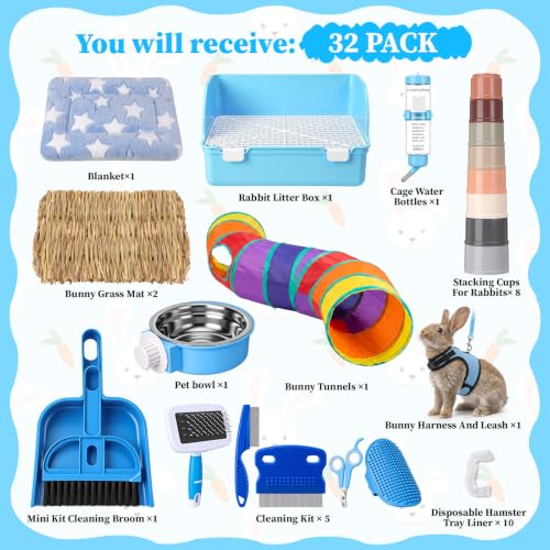 34 Pcs Rabbit Starter Kit Rabbit Litter Box Small Animal Water Bottle Cups Bunny Tunnels Animal Grooming Kit Bowl Blanket with Cleaning Set for Guinea Pig Bunny(Style 3,Light Blue) - color: Light Blue, style: Style 3