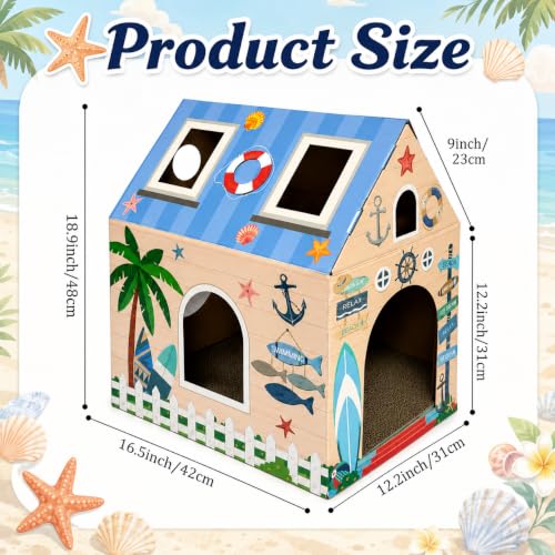 Cinrobiye Cardboard Cat House with Scratcher, Indoor Cat Condo Cat Cave Hideout with Scratch Pad, Cardboard Cat Playhouse Bed for Cats, Kittens, Rabbits & Small Pets (Seaside) - color: Seaside