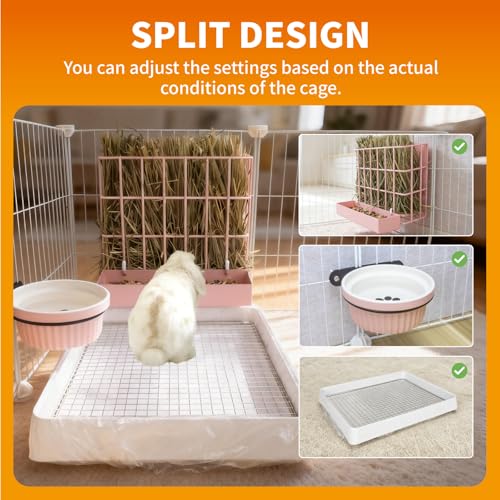 BESNEW 3 in 1 Rabbit Hay Feeder with Litter Box,Upgraded Metal Hay Rack & Litter Tray & Water Bowl,Quick Cleaning,Easy to Install,Bunny Supplies for Rabbit Guinea Pig Chinchilla Small Animals - color: Pink, size: 10in set