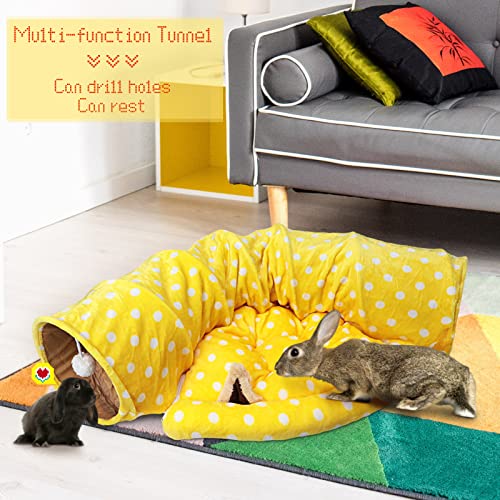 BWOGUE Bunny Tunnel Bed, 2-in-1 Collapsible Rabbit Tunnel Hideout with Mat | Removable Mat for Washing, 46.8 in Length, Ball Toy for Play, Soft Suede Fabric, Cats Rabbits Guinea Pigs - color: Yellow