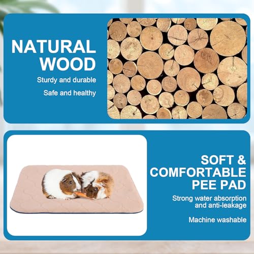 PAWCHIE Wooden Guinea Pig Hideout with Pee Pad Set, Detachable Small Animal House Bed Hut Habitats with Stairs and Windows, Bunny Hideout Castle for Indoor Hamsters Chinchilla Gerbil Playing Hiding - color: Rectangular Hut with Pee Pad and Stairs