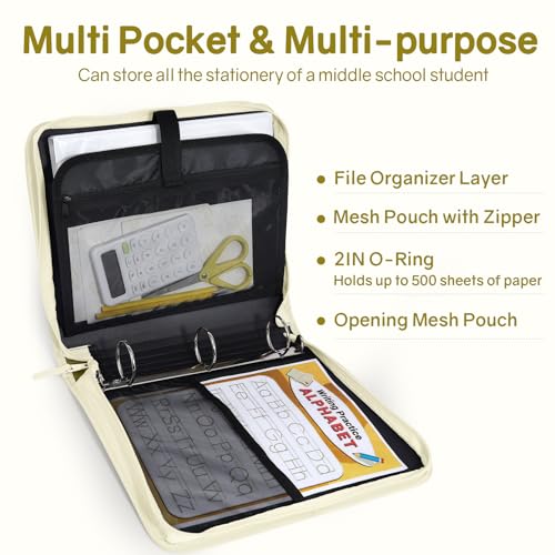 SUNEE Zippered Binder Bag with Handle, 2-Inch 3-Ring O-Ring, 500-Sheet Capacity, Includes Zip Pocket, 5-Tab Expanding File Folder, Multi-Pocket Organizer Binder for Middle School, Soft Beige - color: Soft Beige