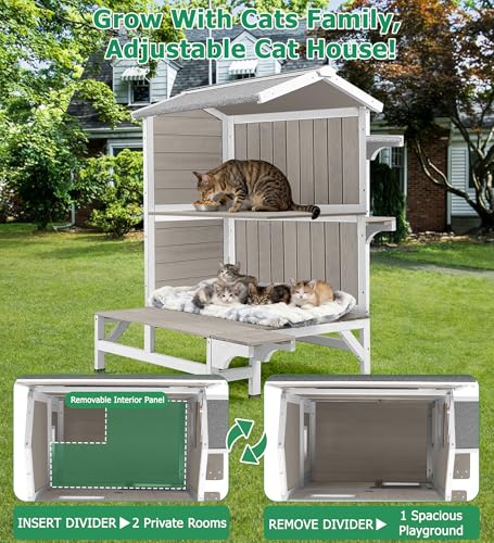 Outdoor Cat House Weatherproof Cats Shelter for Feral Kitten Pet Houses for 1-2 Small Animlas 2 Story Wooden Houses for Indoor Outdoor Cats with Escape Doors (25.5" D x 33.5" W x 39.5" H) - style: 25.5"D x 33.5"W x 39.5"H