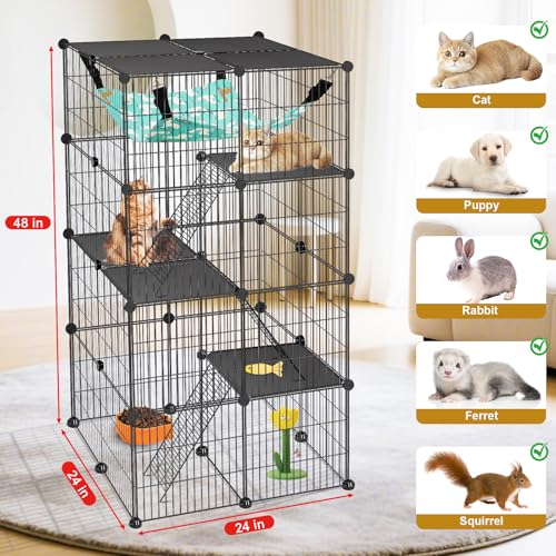 VISCOO Cat Cage, 4-Tier DIY Cat Enclosures Catio,24"x24"x 48" Cat Playpen | Detachable Metal Wire Kennel Cats Crate Indoor & Outdoor with Hammock, 2x2x4 Exercise Place for 1-3 Cats/Kitten - size: 15.4"L x 12.6"W x 6.3"H