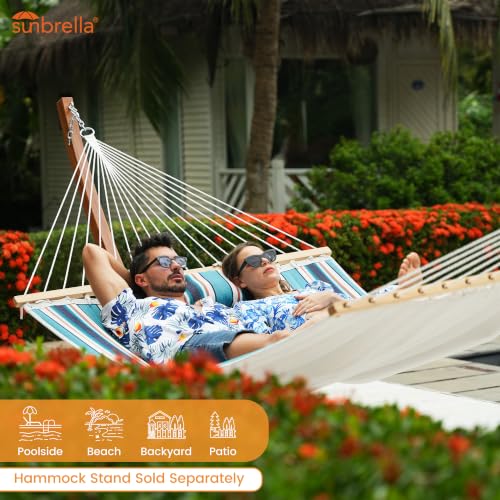 Lazy Daze 12 FT Sunbrella Quilted Hammock, Non-Fading Double Hammock | 2 Person Hammock with Pillow, Straps, Carabiners , All Weather Fade Resistant for Outside, Token Surfside - color: Token Surfside