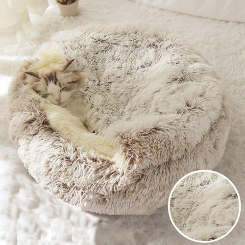Round Fluffy Hooded Cat Bed Cave, Anti-Anxiety Cave Bed with Blanket | Hooded Cat Bed Cave, Cozy Cuddler Luxury Puppy Pet Bed, Anti-Slip Bottom and Machine Washable - color: Coffee, size: Large