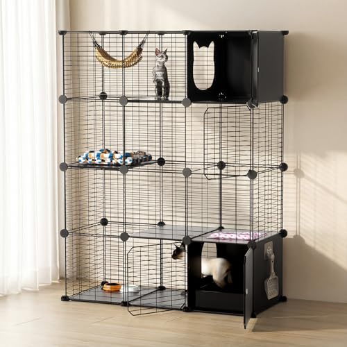 PAWING Cat Enclosure Indoor with Litter Box, 4-Tier Metal Wire Cat Cage, DIY Detachable Design for Cats, Kittens & Small Animals, Multi-Level Kennel - size: 41.3"L x 17.7"W x 55.1"H