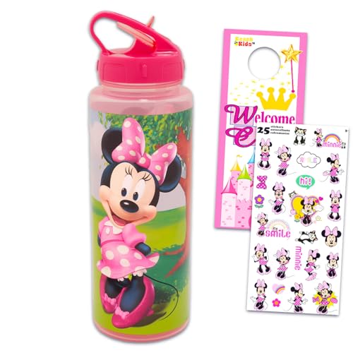 Disney Minnie Mouse Reusable Water Bottle Set - Bundle of 30oz Plastic Sports Tumbler Cup with Spout Plus Sticker, and More | Minnie School Supplies