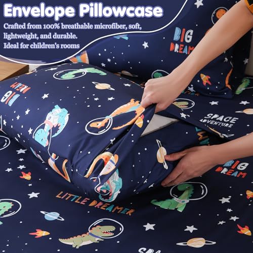 Full Sheet Set for Boys Dinosaur Outer Space Themed Kids Bed Sheet 4 Piece | 15 inch Deep Pocket Fitted Sheet and Pillowcase Set,Soft Breathable Microfiber Cartoon Printed Bed Sheet for Kids Room - color: Space Dinosaur, size: Full