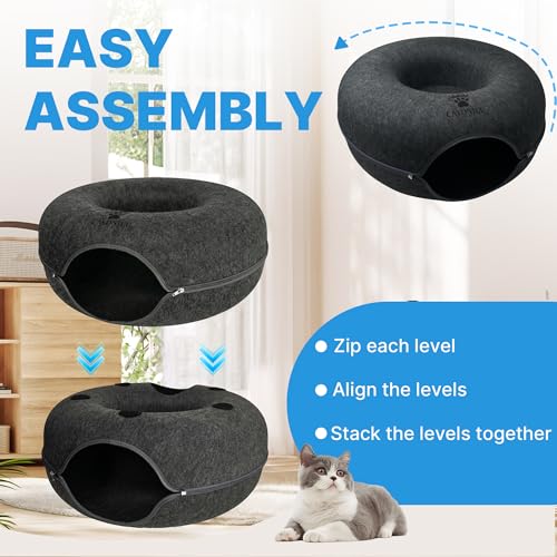 2-Level Detachable Large Cat Tunnel Bed for Indoor Cats, Scratch-Resistant Felt Donut Cat Cave, Supports Up to 30 lbs, Peekaboo Cat Tube (Dark Grey, L 24 x 24 x 22 in)