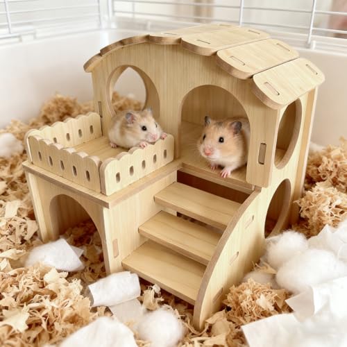 Wooden Hamster Hideout - Wood Hamster Hide House with Ladder Platform Small Pet Hut Habitat Detachable Hamsters Maze Cage Accessories for Dwarf Rat Gerbils Mouse and Other Tiny Animals