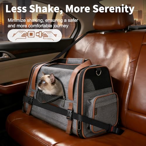 Premium Pet Carrier for Cat, Carry Purse with Head Hole, Seatbelt Buckles | High Qualiy Leather, Medium to Large Cat up to 20lbs, Small Puppy Dog 10lbs Car Travel Crate, Top & Side Load, Luggage Sleeve