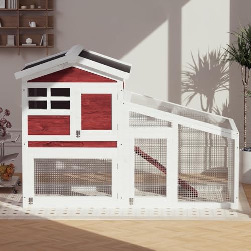 54" 2-Tier Wooden Rabbit Hutch with Run, Small Animal Cage with Removable Tray, Ramp, 6 Access Doors & Asphalt Roof, Weather-Resistant Bunny House for Rabbits, Guinea Pigs, Chinchillas, Red & White - color: Brown-white