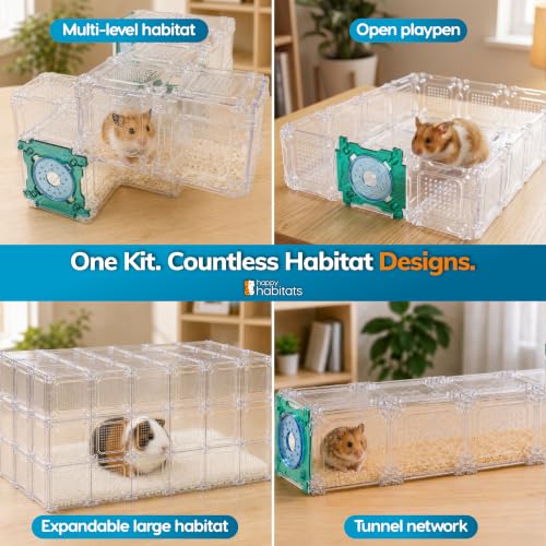 Burrow Bricks Hamster Maze Kit – 52 Piece Pet Hamster Cage | DIY Custom Hamster Tunnels that Also Fit Gerbils & Mice – Hamster Cage Accessories w/Modular Clear Panels, Doors & Connectors