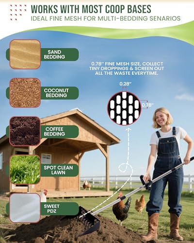2-in-1 Chicken Poop Scooper & Rake - 10” Metal Chicken Poop Sifter Shovel with Fine Mesh, Pooper Scooper for Sand - Adjustable 39–67” Stainless Steel Handle, Animal Waste & Coop Cleaning Tool