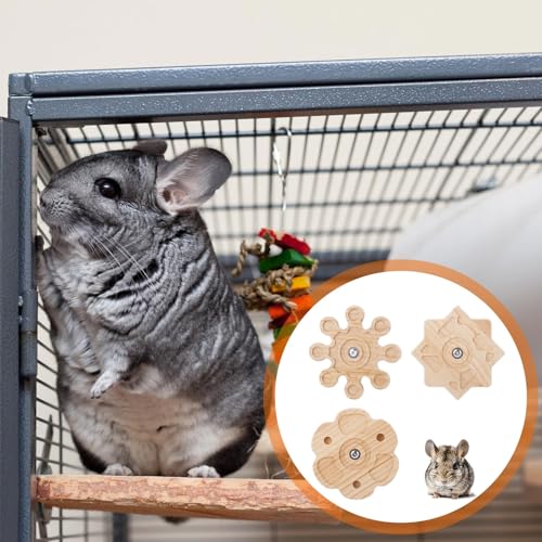 BOXOB 3pcs Rotating Chinchilla Toy, 3 Styles Wooden Chinchilla Chew Toy for Teeth Hanging Interactive Pet Toys Cage Accessories for Guinea Pig Hamsters Gerbil Rat Rabbit