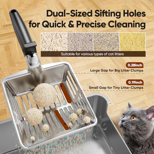 Metal Cat Litter Scoop, Large Cat Scooper with Deep Shovel & Dual Sifting Holes for Fast & Precise Sifting, Space Aluminum Kitty Litter Scooper with Long Handle & Easy-to-Hang Hook - Black - color: Black