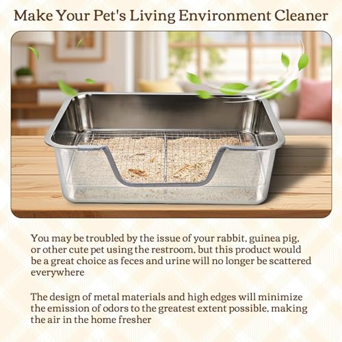 Rypet Large Stainless Steel Rabbit Litter Box Set for Small Animals | High Sides & Low Entry, 304 Stainless Steel Sifting Tray, Bowl and Bottle Included, Non-Slip, Easy to Clean, Odor Control - size: S(15.8"×11.8"×5.9")