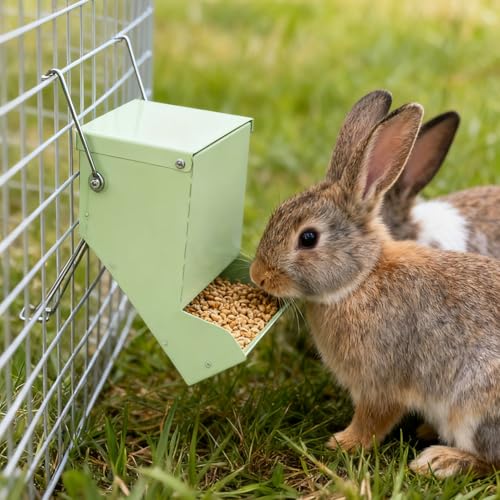 2 Pcs Metal Small Animal Feeder for Cages, Large Capacity Food Dispenser with Lid, Great for Rabbits, Guinea Pigs, Chinchillas,Chicken and Other Small Animals(4.7 Inches,Light Green)