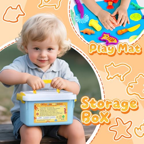 VConejo Dough Tools Play Sets for Kids, 37pcs Clay and Dough Accessories with Storage Container, Mat, Cutters, Rolling Pins, Safety Scissors, Stamps, Animal and 3D Dino Makers for Boys Girls