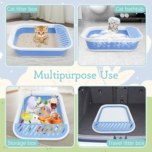 Fhiny Kitten Litter Box Portable Shallow Litter Box 17.7"x13.4"x4.9" Foldable Cat Toilet with Scoop Open Kitty Potty Pan with Litter Drop Pedal Easy to Clean Travel Kitten Toilet(Blue) - color: Blue-M