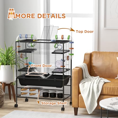 PawHut 32" Large Hamster Cage with Storage Shelf for Syrian Hamster, Tubes | Rat Cage, for Gerbils, Running Wheel, Food Dish, Water Bottle