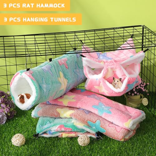 6 Pcs Rat Hammock Set Ferret Hanging Tunnel 3 Tier Guinea Pig Hammocks Hideout Soft Chinchilla Bed for Cage Accessories Hide,Play and Sleep(Dreamy,Star) - color: Dreamy
