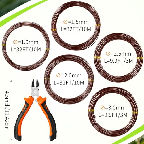Mudder 5 Roll Aluminum Bonsai Training Wire Tree 1/1.5/2/2.5/3mm 118 Feet Total with Bonsai Wire Cutter Anodized Training for Holding Branches Small Trunks(Brown) - color: Brown, size: 1/1.5/2/2.5/3mm
