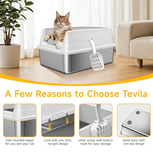 Stainless Steel Cat Litter Box with Scoop,M Metal Pan for Kittens | Metal Litter Box with High Sides & Lid, Open Top Low Entry , Non-Stick Easy Clean ，Kitty Cat Box for Indoor Cats, High Wall