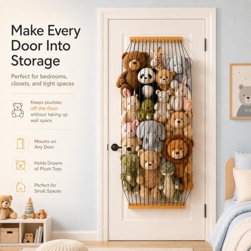 Stuffed Animal Storage Wood Soft Toy Organizer for Kids Room，Cute and Durable Wall or Door Mount Length Adjustable Hanging Stuffed Animal Toy Organizer Shelf for Nursery Play Room Black -Patent - color: Black