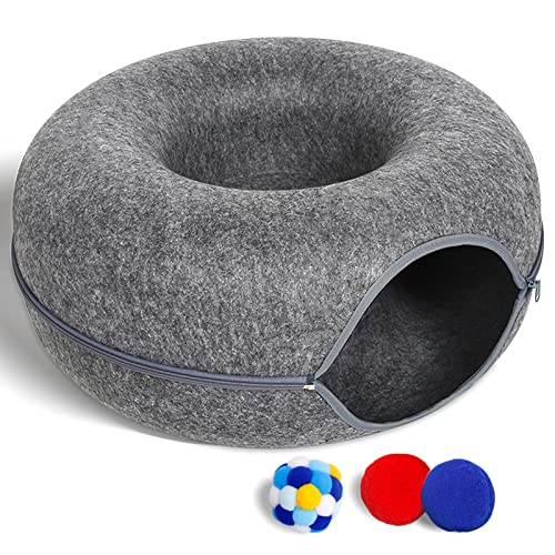 Large Cat Tunnel Bed for Indoor Cats with 3 Toys, Scratch Resistant Donut Cat Bed, Up to 30 Lbs (L 24x24x11, Dark Grey) - color: Dark Grey