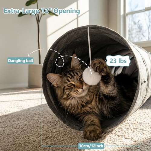 Ownpets Cactus Cat Tunnel 12" with Peek Holes for Indoor Large Cat, Grey | Durable Oxford fabric, noise-free, foldable & connectable, multi-cat friendly, tube for cats up to 20lb, includes ball & wand - size: 12 Inches in Diameter