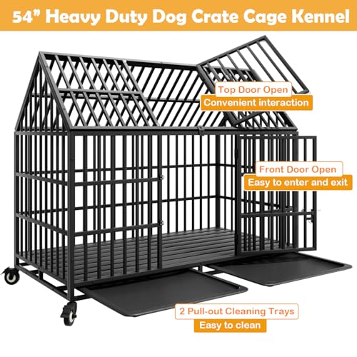 54 inch Heavy Duty Indestructible Dog Crate with 2 Bowls, Steel Double Door Indoor High Anxiety Cage for Large Giant Dogs, Escape-Proof Chew-Proof Pet Kennel with Trays and Wheels, Extra Large XL XXL - size: 53.9"L x 29.7"W x 46.1"H