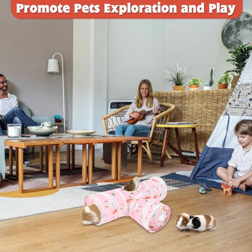 YUEPET Guinea Pig Tunnel, Guinea Pig Toys, 3-Way Play Tunnel Hideout, Pink | Guinea Pig Play Tubes, Collapsible Design, Hanging Play Ball, Peekaboo Opening, 5.9 in Entrance Diameter, Folds for Storage - color: Pink