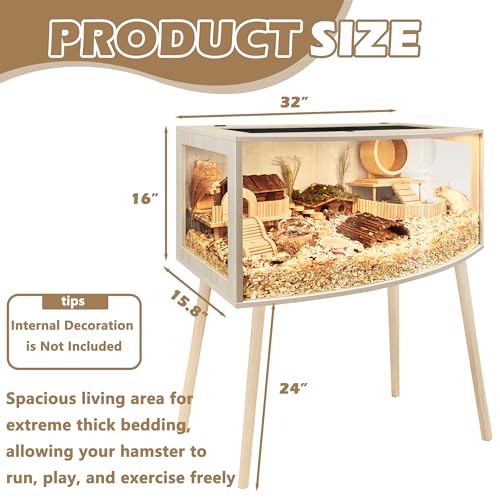Prolee Hamster Cage with Curved Design,Chew Proof Wooden Hamsters Enclosure with Leg Stand and Openable Top or Gerbils,Hamster Habitat - size: 32.0"L x 16.0"W x 16.0"H