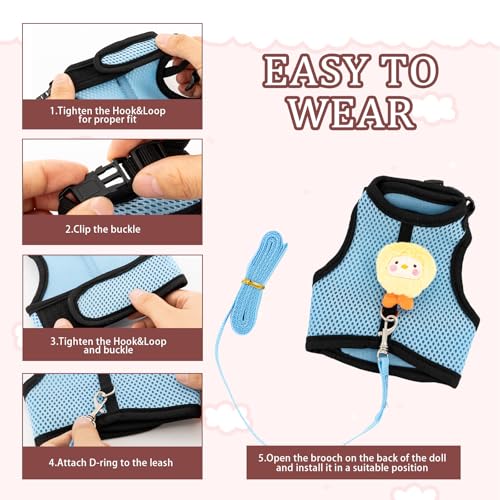 4-Pack Rabbit Harness and Leash Set, Rabbit Leash and Harness Set Escape Proof, Adjustable, with 2 Pendants, for Ferrets Pigs Puppies Small Animals Pets Outdoor Walking Supplies (Pink/Blue)