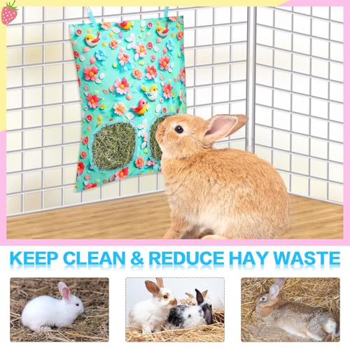 UPINS 3Pack Guinea Pig Hay Feeder Bag,Bunny Rabbit Cage Bag Hanging Holder | Guinea Pig Cage Feeder,for Bunny Rabbits,Chinchillas,Hamsters,Small Pets,and Animals - color: Blue Pink Green