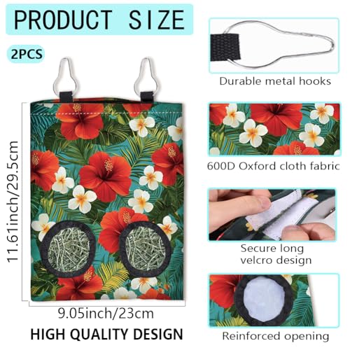 2Pcs 2 Styles Guinea Pig Hay Feeder Rabbits 11.6 x 9.1 Inch Tropical Flowers Design, Hanging Hay Holder Cloth Washable Feeding Storage Bag with 2 Holes for Rabbit Bunny Chinchillas Hamsters - color: Flower-2