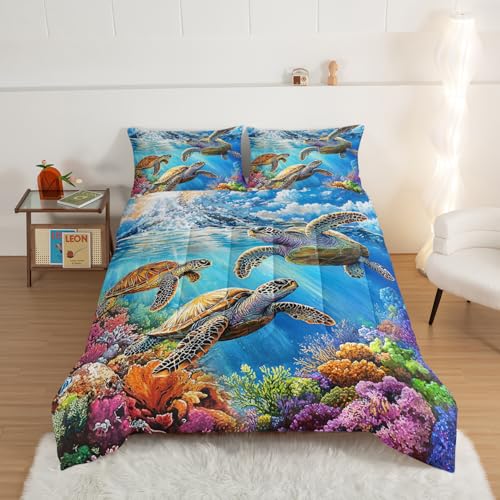 HOSIMA Sea Turtle King Comforter Set for Boys Room Decor,At Bottom of Ocean Sea Turtles Surrounded by Corals,Blue Coastal Bedding for Teens Girls,Fluffy Ocean Themed Bedding with 2 Pillowcases. - color: Blue, size: King