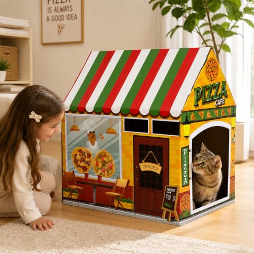 Cinrobiye Cardboard Cat House with Scratcher, Indoor Cat Condo Cat Cave Hideout with Scratch Pad, Cardboard Cat Playhouse Bed for Cats, Kittens, Rabbits & Small Pets (Pizza) - color: Pizza