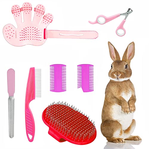 7-Piece Small Pet Grooming Kit: Brush, Nail Clippers, Hair Remover, Shampoo Brush with Hand Strap for Rabbits, Hamsters, Bunnies - color: Pink