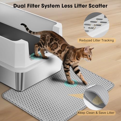 FURTIME Stainless Steel Cat Litter Box, Large Cats Metal Litter Box | High-Sided Open-Top Easy-Clean Litter Pan, Non-Stick, Anti-Leakage, Odor-Free, Comes with Scoop & Mat, 23"×15"×10.5" - color: Silver, size: Large