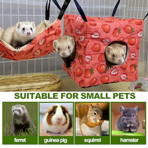 kathson 4 PCS Ferret Hammock Set,Washable Guinea Pig Hideout Bed,Soft Hamster Toys Hanging Tunnel Mats, Small Pets Cage Accessories for Rat, Sugar Glider, Squirrel(Pink) - color: Pink